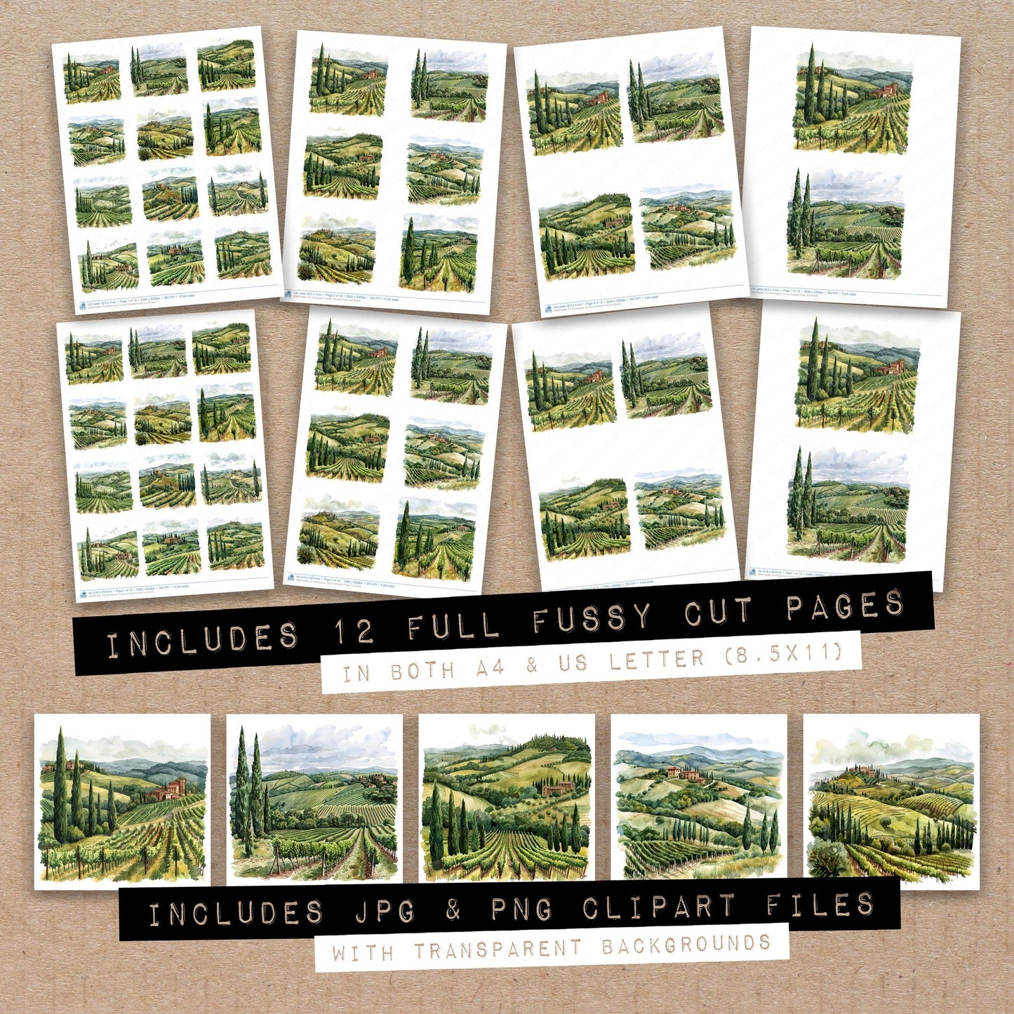 Full collection view of Picturesque Tuscan Vineyard fussy cut sheets with bonus clipart JPG and PNG files