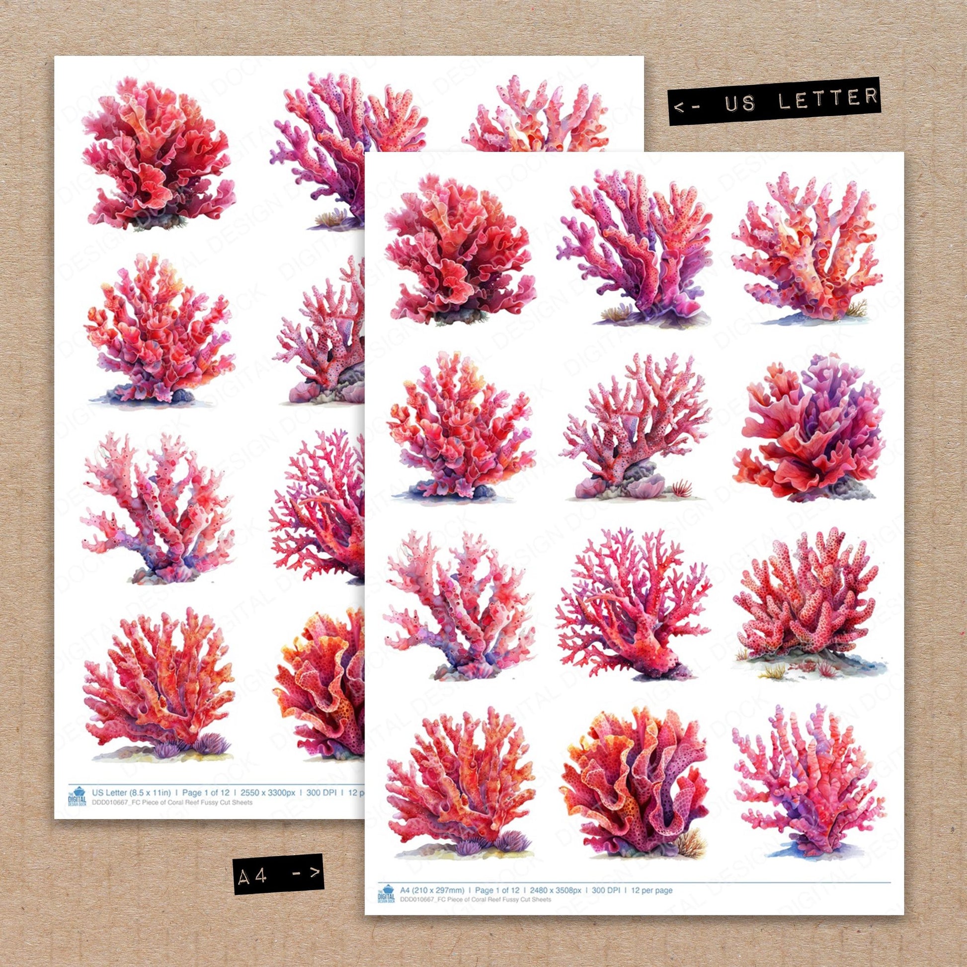 A4 and US Letter format comparison showing Piece of Coral Reef fussy cut pages for print and cut crafting
