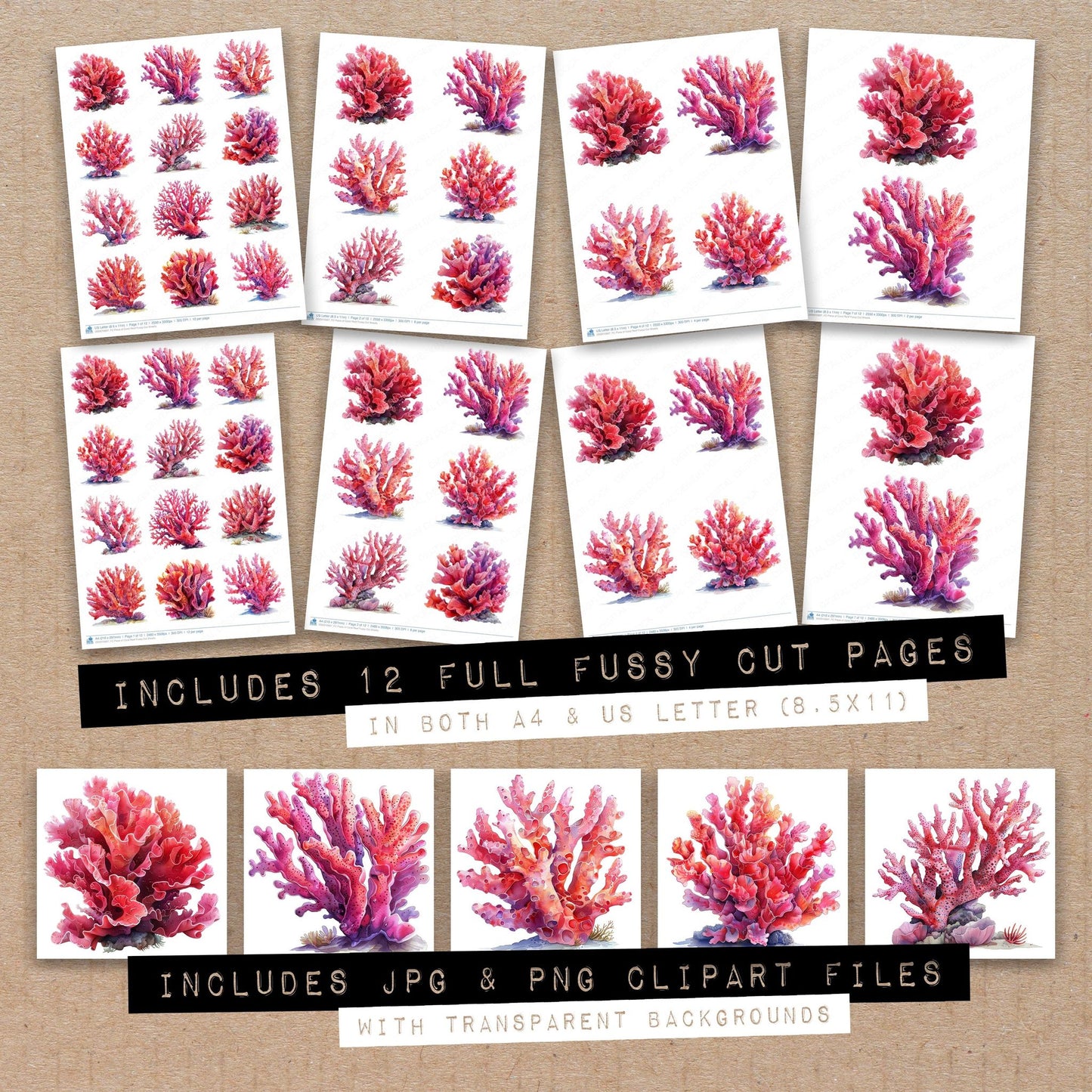 Full collection view of Piece of Coral Reef fussy cut sheets with bonus clipart JPG and PNG files