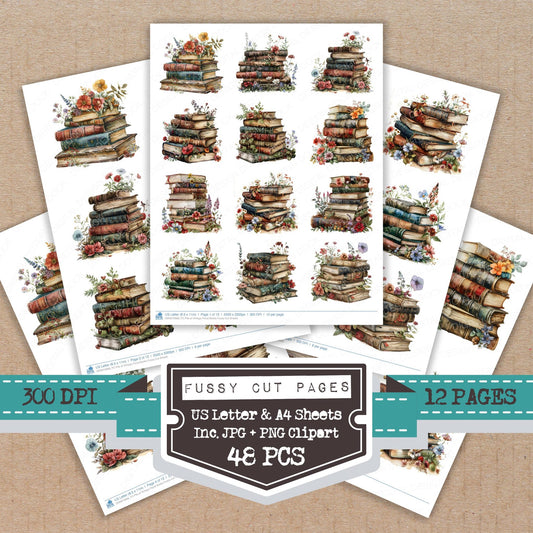 Pile of Vintage Floral Books fussy cut printable sheets for junk journaling, scrapbooking, and paper craft projects