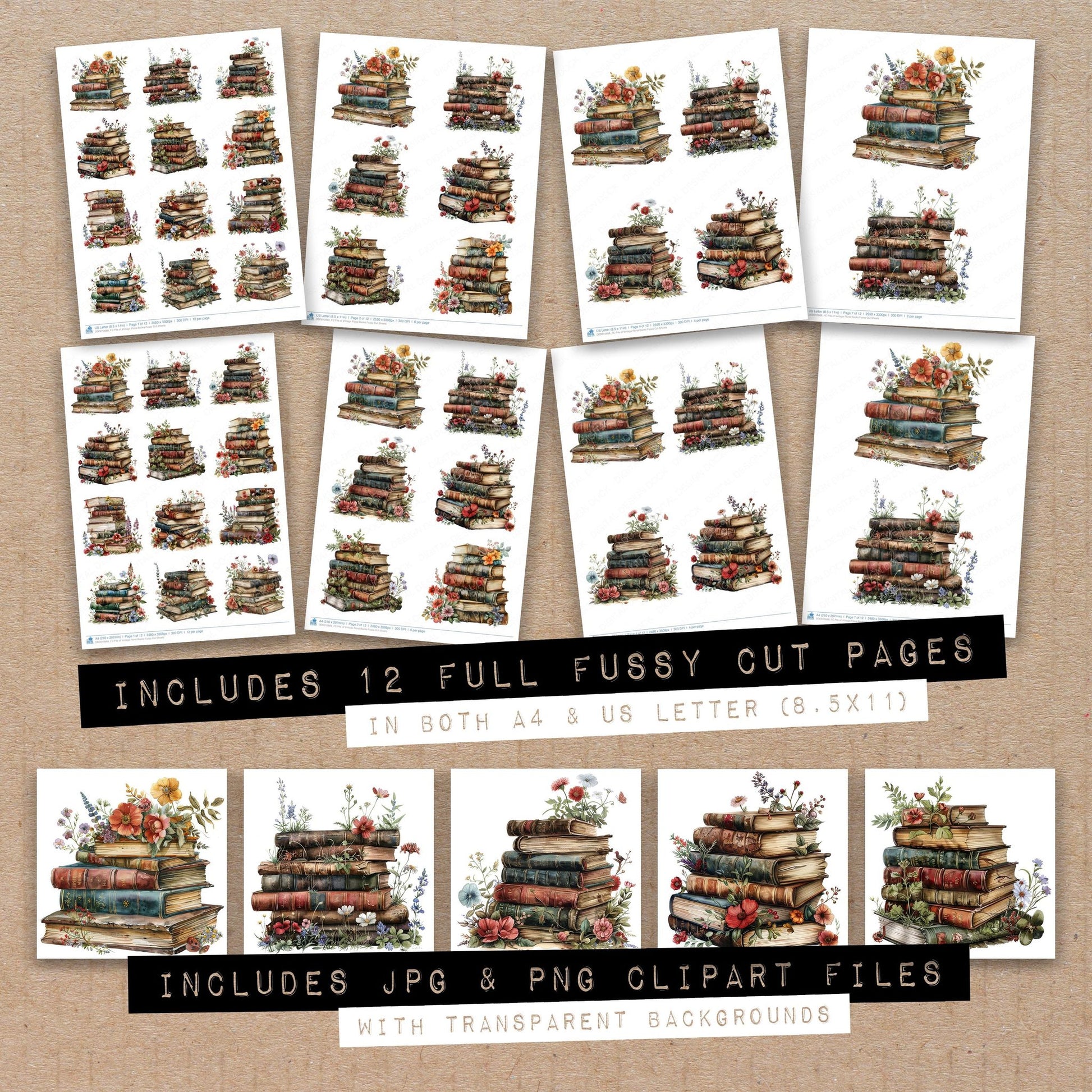 Full collection view of Pile of Vintage Floral Books fussy cut sheets with bonus clipart JPG and PNG files