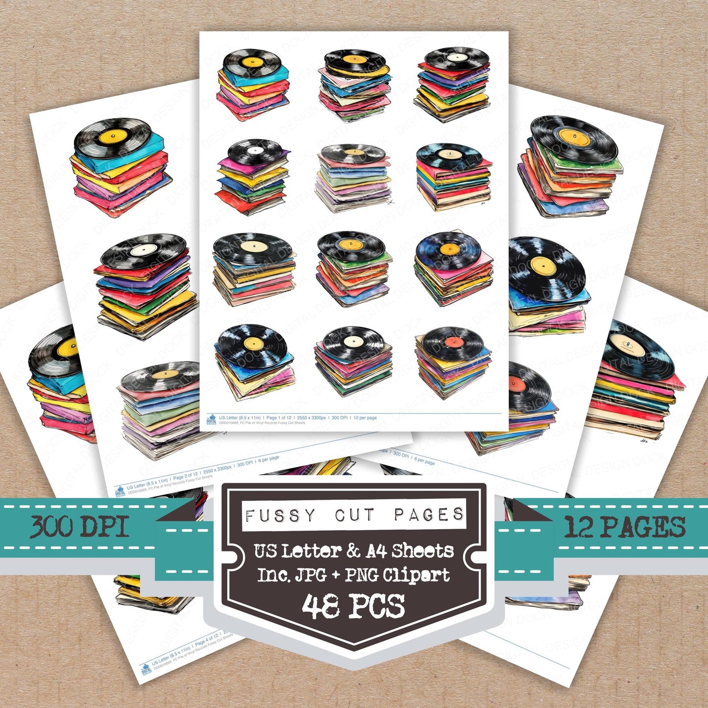 Pile of Vinyl Records fussy cut printable sheets for junk journaling, scrapbooking, and paper craft projects