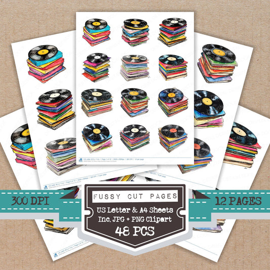 Pile of Vinyl Records fussy cut printable sheets for junk journaling, scrapbooking, and paper craft projects