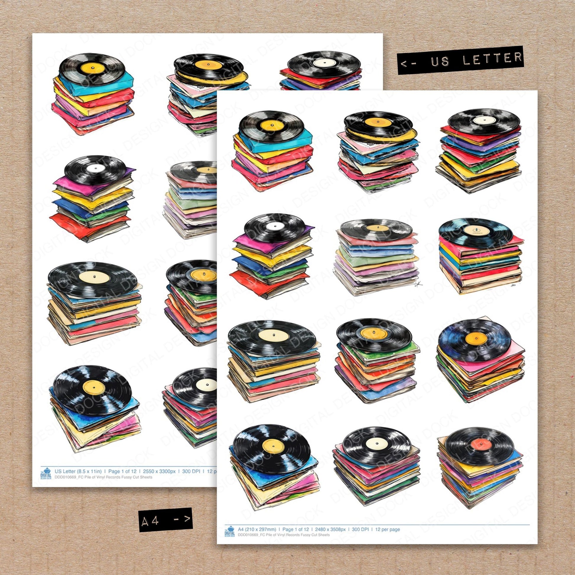 A4 and US Letter format comparison showing Pile of Vinyl Records fussy cut pages for print and cut crafting