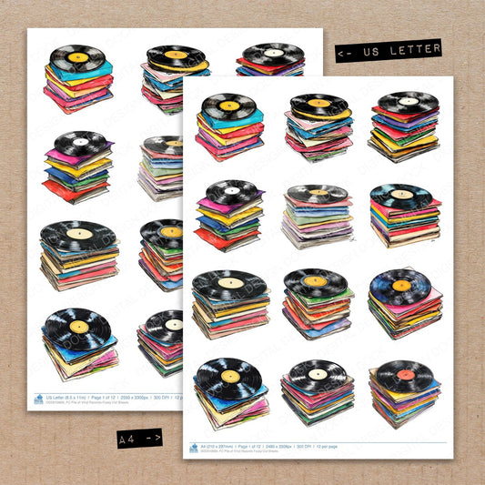 A4 and US Letter format comparison showing Pile of Vinyl Records fussy cut pages for print and cut crafting
