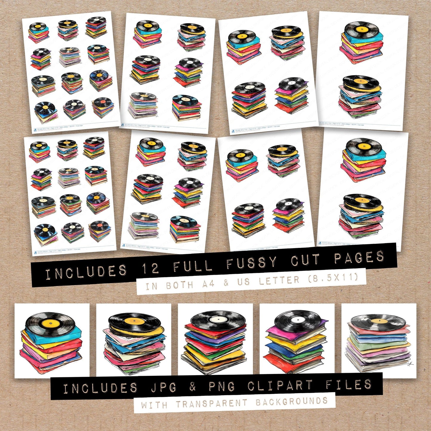 Full collection view of Pile of Vinyl Records fussy cut sheets with bonus clipart JPG and PNG files