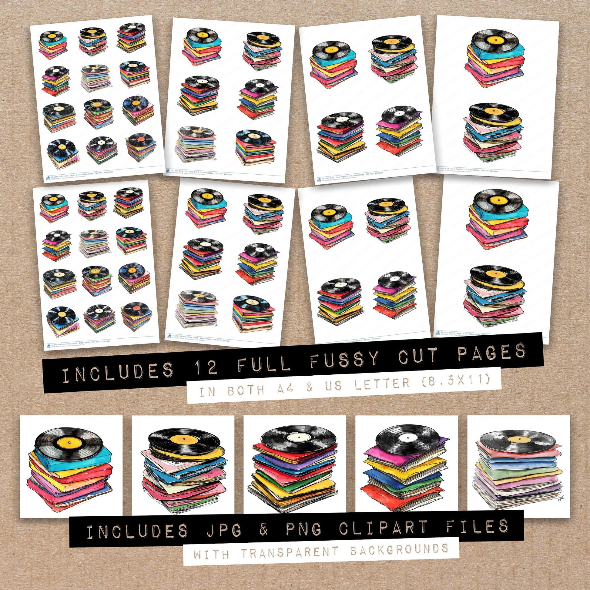 Full collection view of Pile of Vinyl Records fussy cut sheets with bonus clipart JPG and PNG files