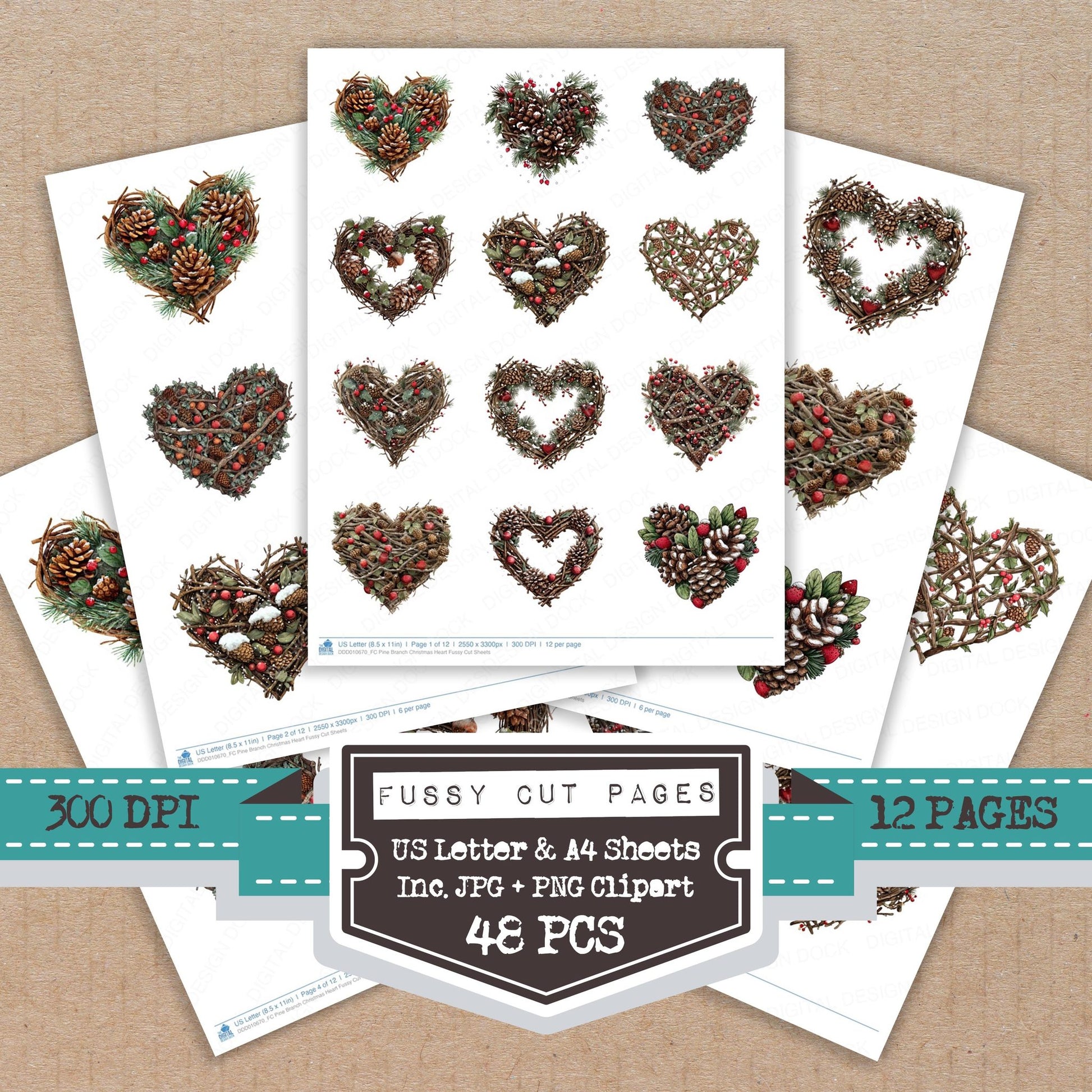 Pine Branch Christmas Heart fussy cut printable sheets for junk journaling, scrapbooking, and paper craft projects