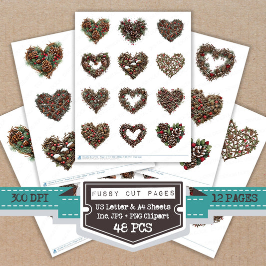 Pine Branch Christmas Heart fussy cut printable sheets for junk journaling, scrapbooking, and paper craft projects