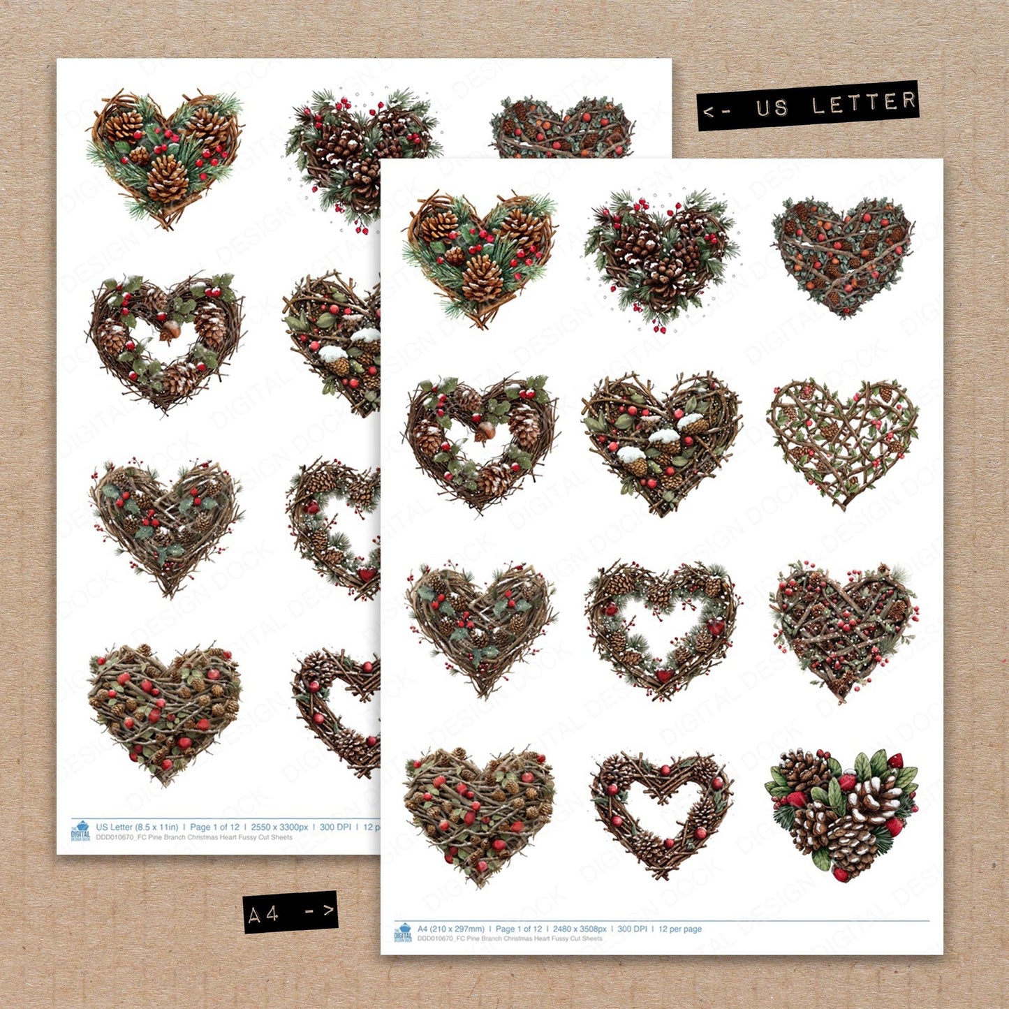 A4 and US Letter format comparison showing Pine Branch Christmas Heart fussy cut pages for print and cut crafting