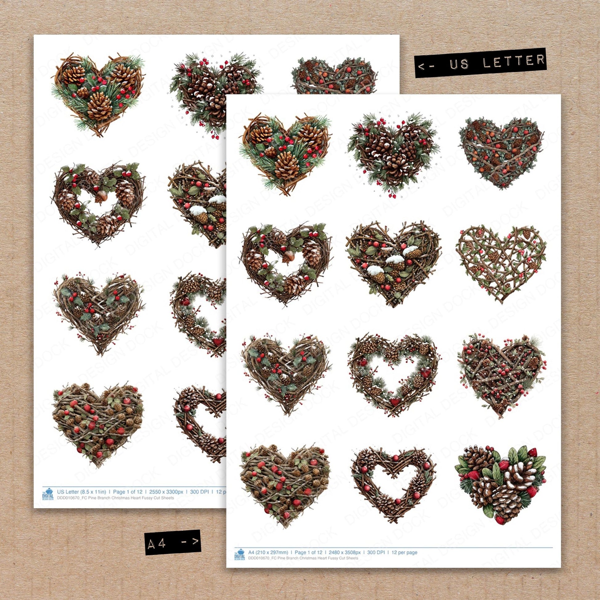 A4 and US Letter format comparison showing Pine Branch Christmas Heart fussy cut pages for print and cut crafting