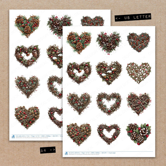 A4 and US Letter format comparison showing Pine Branch Christmas Heart fussy cut pages for print and cut crafting