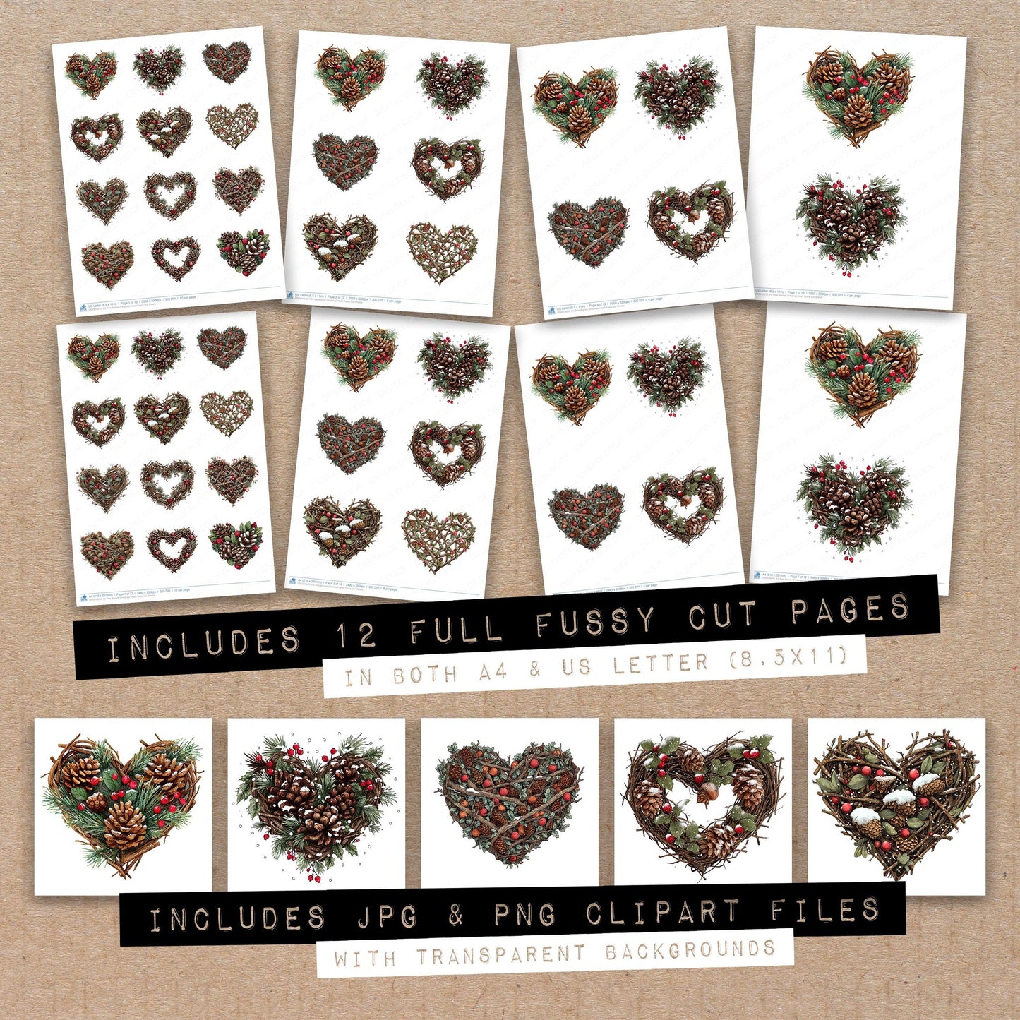 Full collection view of Pine Branch Christmas Heart fussy cut sheets with bonus clipart JPG and PNG files