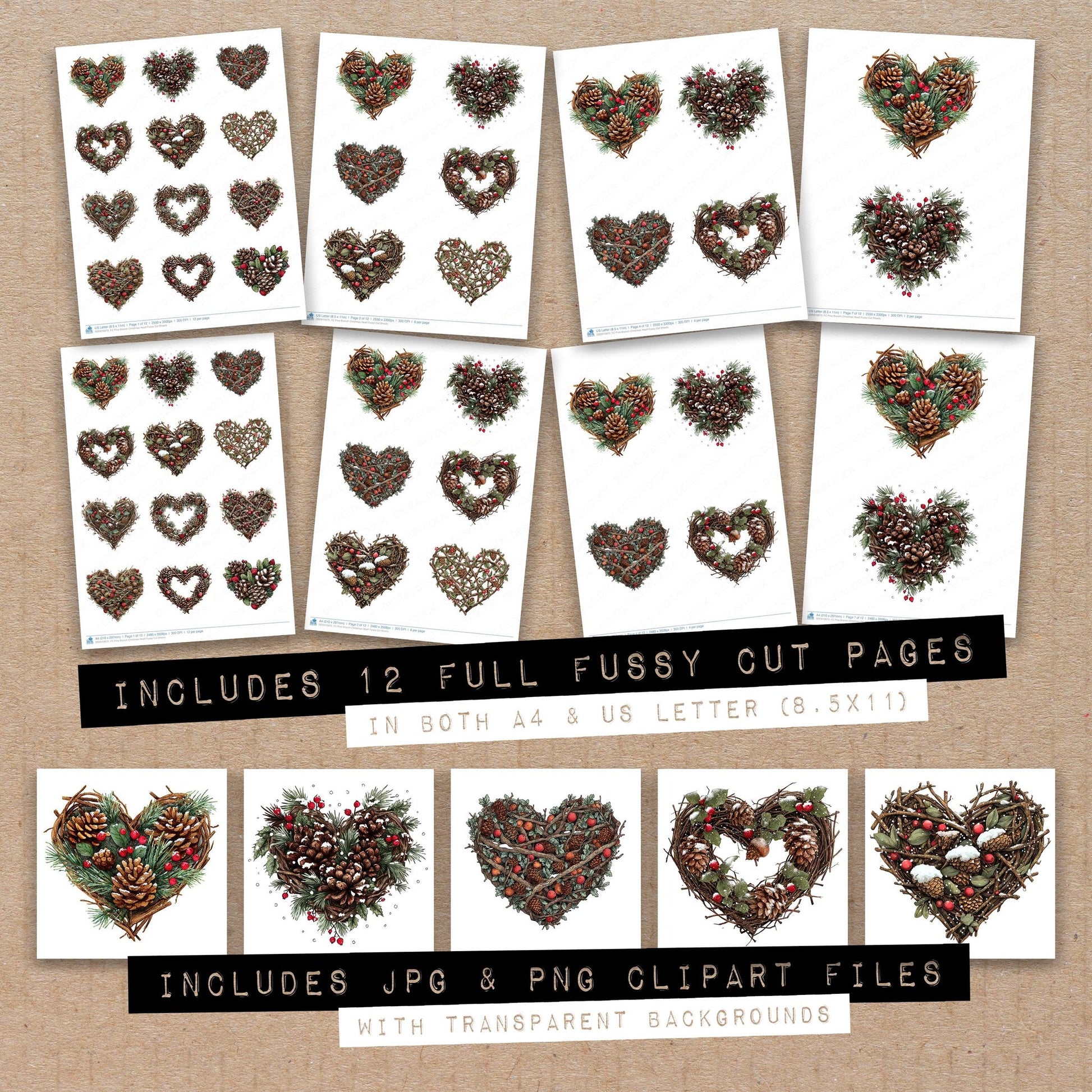 Full collection view of Pine Branch Christmas Heart fussy cut sheets with bonus clipart JPG and PNG files