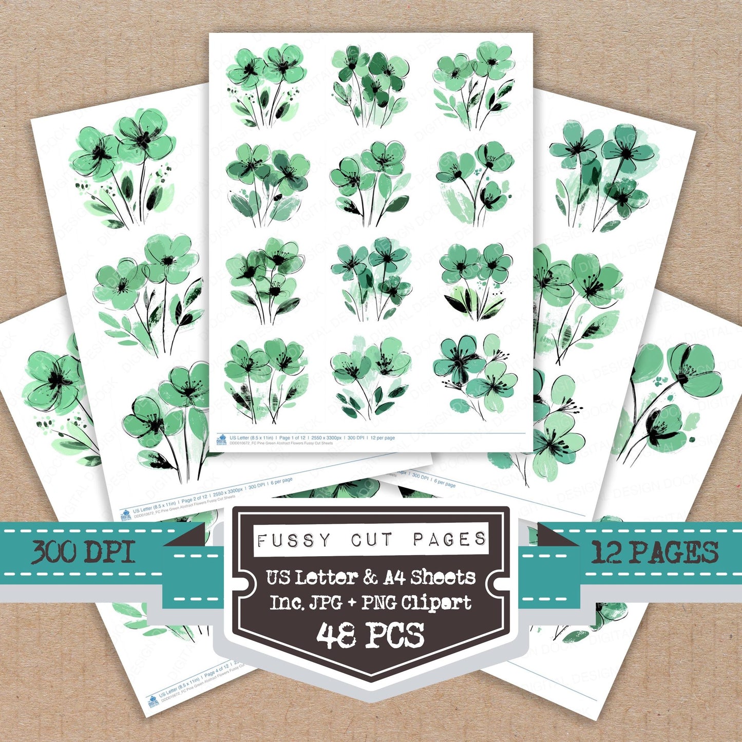 Pine Green Abstract Flowers fussy cut printable sheets for junk journaling, scrapbooking, and paper craft projects
