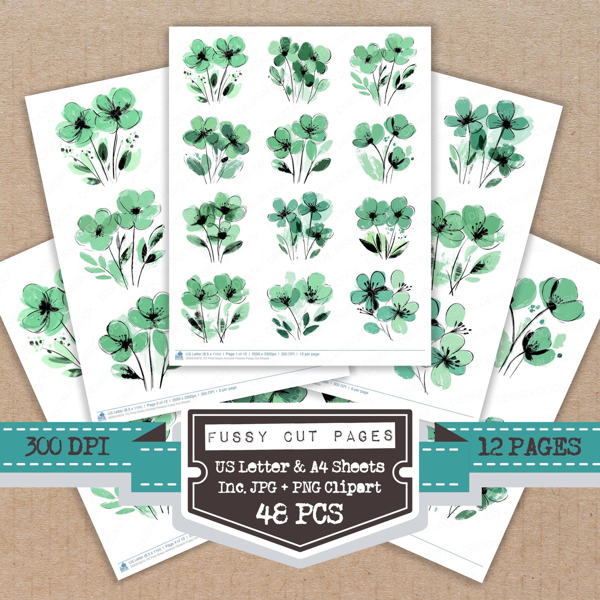 Pine Green Abstract Flowers fussy cut printable sheets for junk journaling, scrapbooking, and paper craft projects