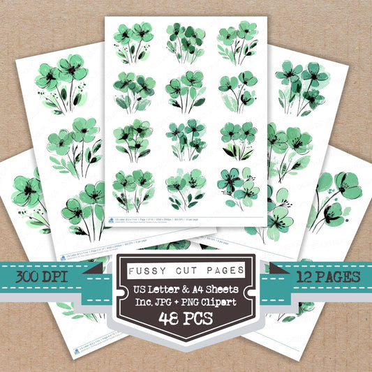 Pine Green Abstract Flowers fussy cut printable sheets for junk journaling, scrapbooking, and paper craft projects