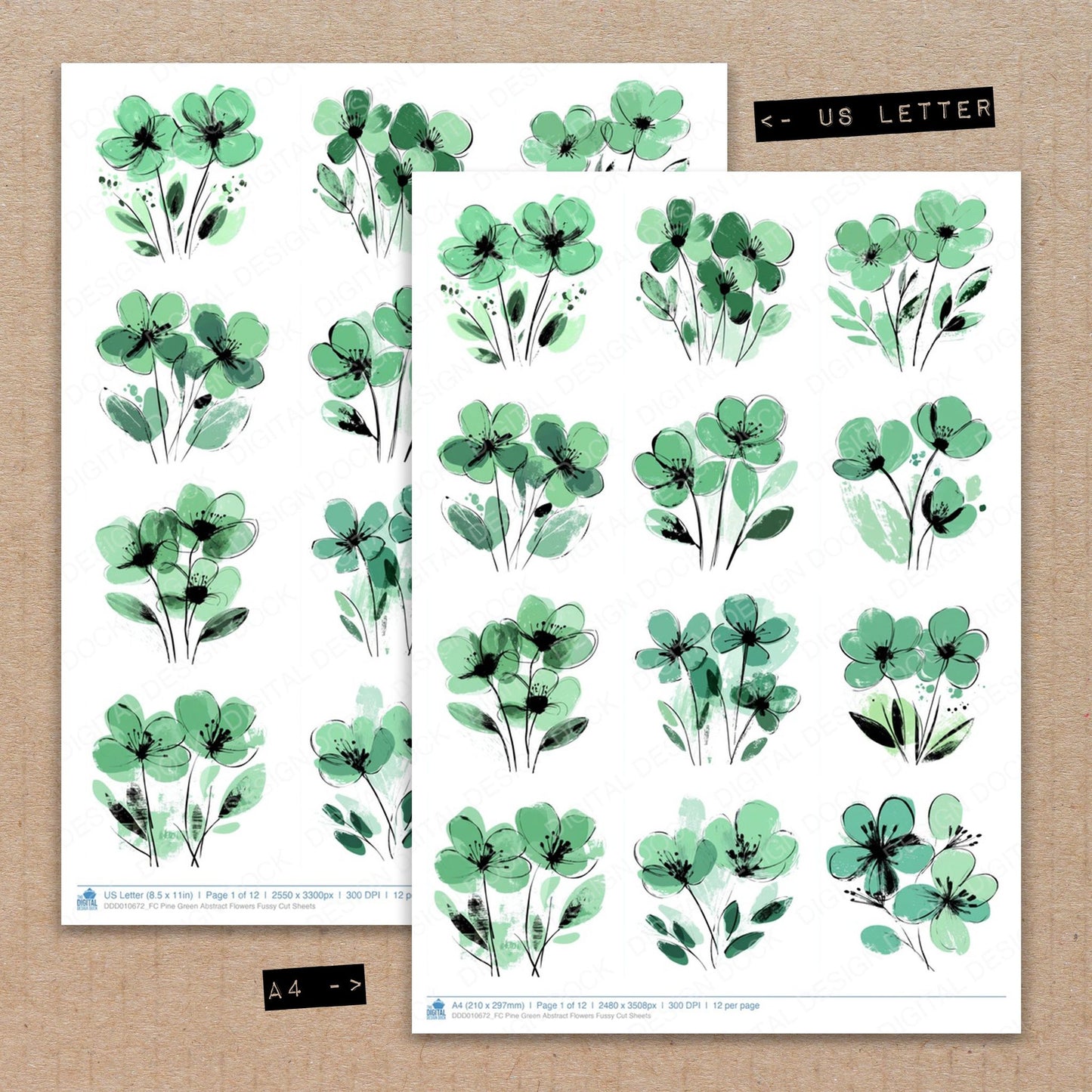 A4 and US Letter format comparison showing Pine Green Abstract Flowers fussy cut pages for print and cut crafting