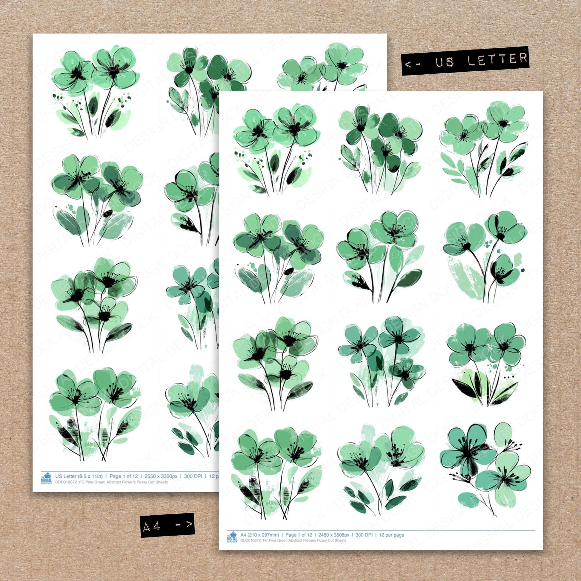 A4 and US Letter format comparison showing Pine Green Abstract Flowers fussy cut pages for print and cut crafting