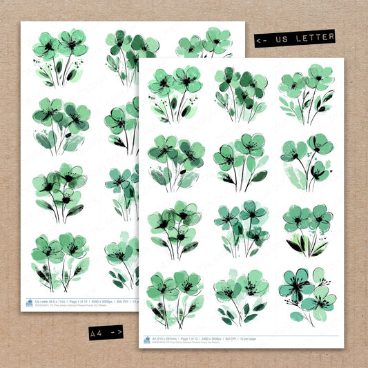 A4 and US Letter format comparison showing Pine Green Abstract Flowers fussy cut pages for print and cut crafting