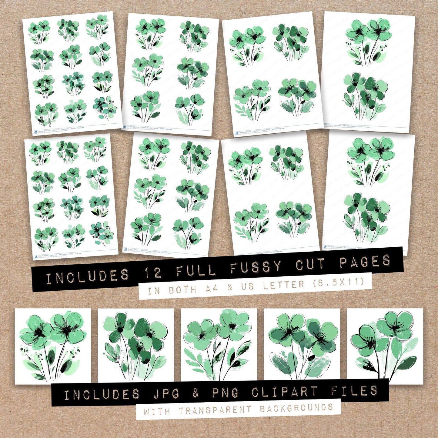 Full collection view of Pine Green Abstract Flowers fussy cut sheets with bonus clipart JPG and PNG files