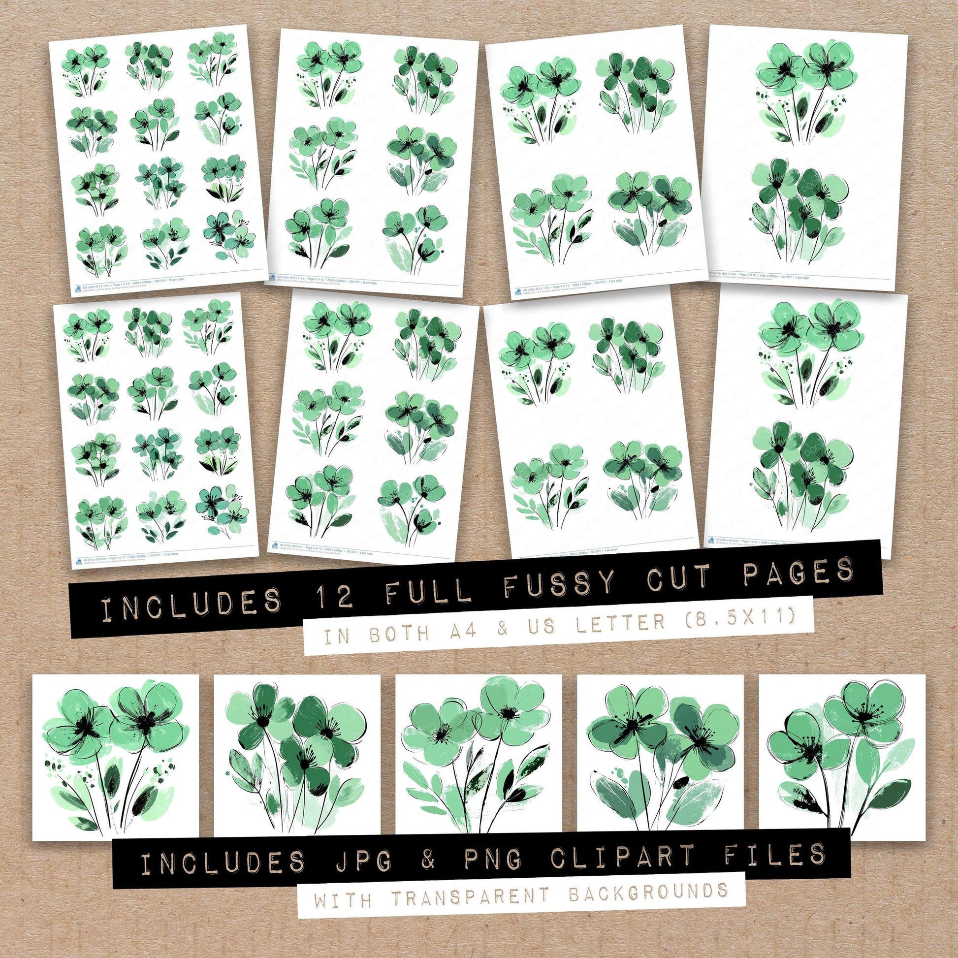 Full collection view of Pine Green Abstract Flowers fussy cut sheets with bonus clipart JPG and PNG files