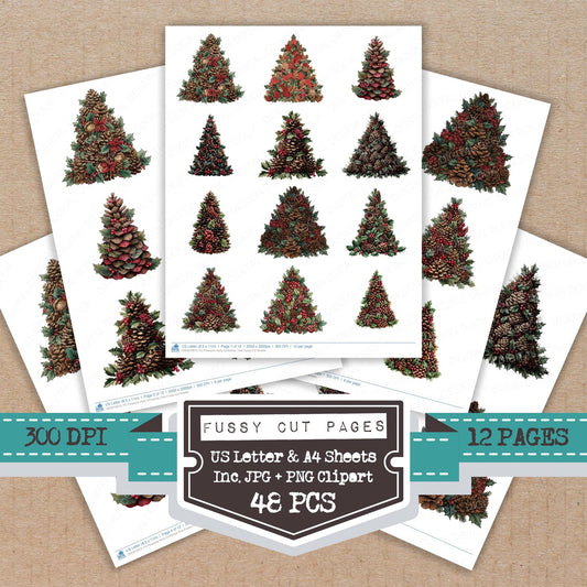 Pinecone Holly Christmas Tree fussy cut printable sheets for junk journaling, scrapbooking, and paper craft projects