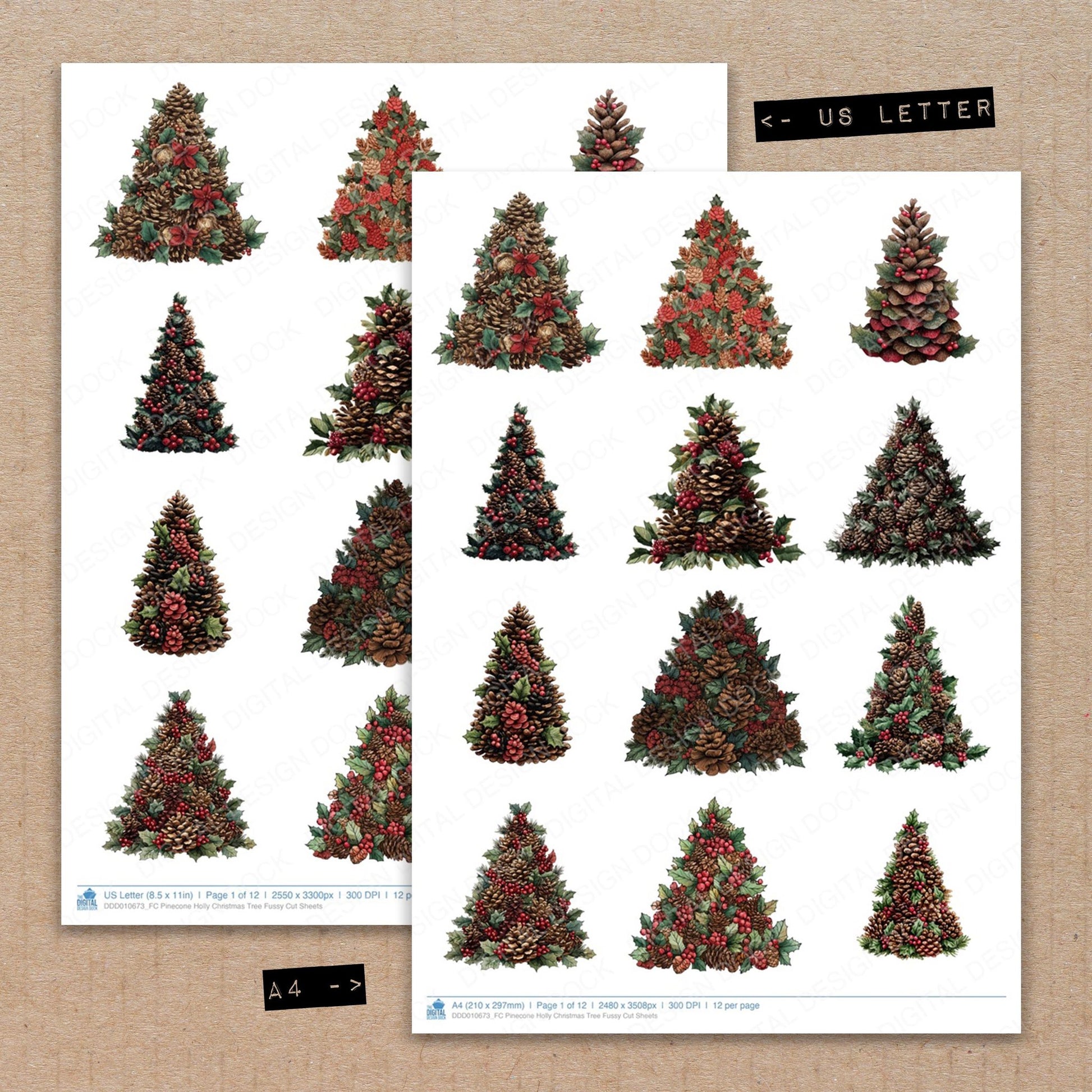 A4 and US Letter format comparison showing Pinecone Holly Christmas Tree fussy cut pages for print and cut crafting