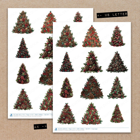 A4 and US Letter format comparison showing Pinecone Holly Christmas Tree fussy cut pages for print and cut crafting