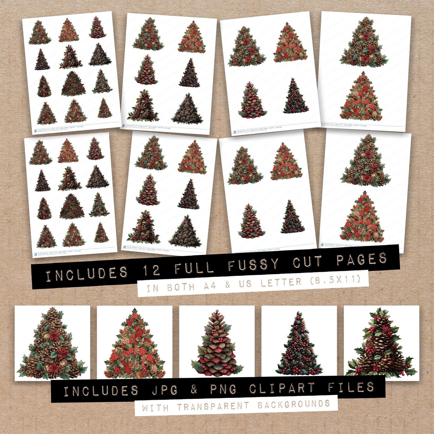 Full collection view of Pinecone Holly Christmas Tree fussy cut sheets with bonus clipart JPG and PNG files