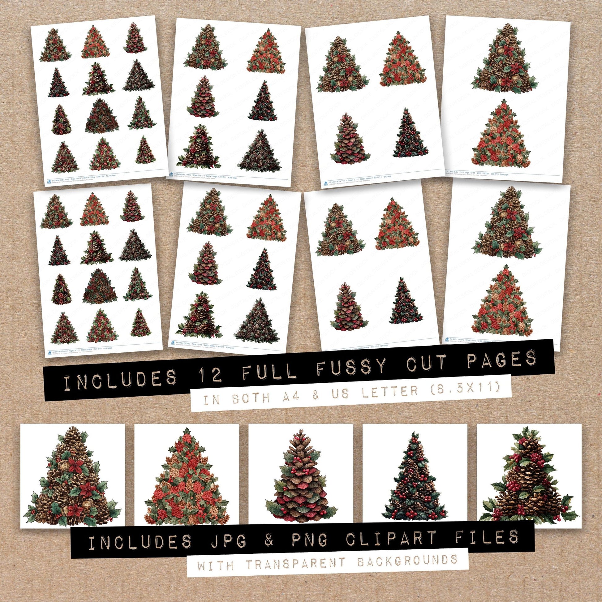 Full collection view of Pinecone Holly Christmas Tree fussy cut sheets with bonus clipart JPG and PNG files