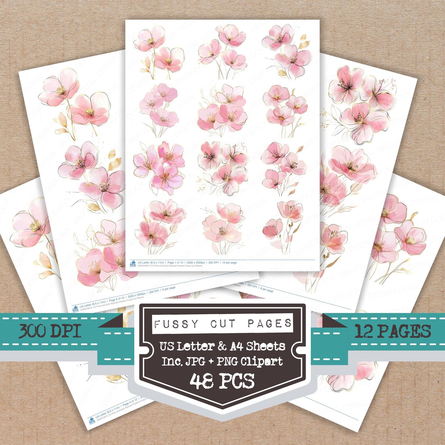 Pink and Gold Abstract Flowers fussy cut printable sheets for junk journaling, scrapbooking, and paper craft projects