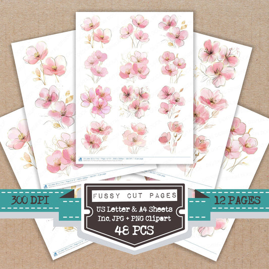 Pink and Gold Abstract Flowers fussy cut printable sheets for junk journaling, scrapbooking, and paper craft projects