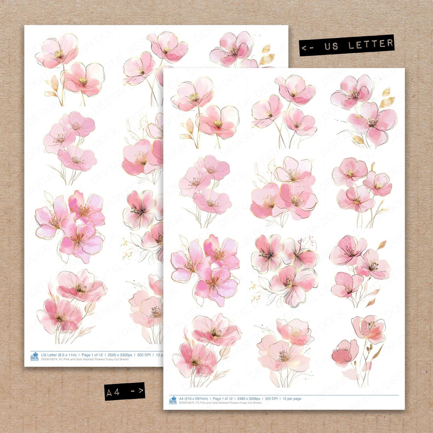 A4 and US Letter format comparison showing Pink and Gold Abstract Flowers fussy cut pages for print and cut crafting