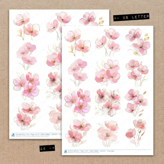 A4 and US Letter format comparison showing Pink and Gold Abstract Flowers fussy cut pages for print and cut crafting