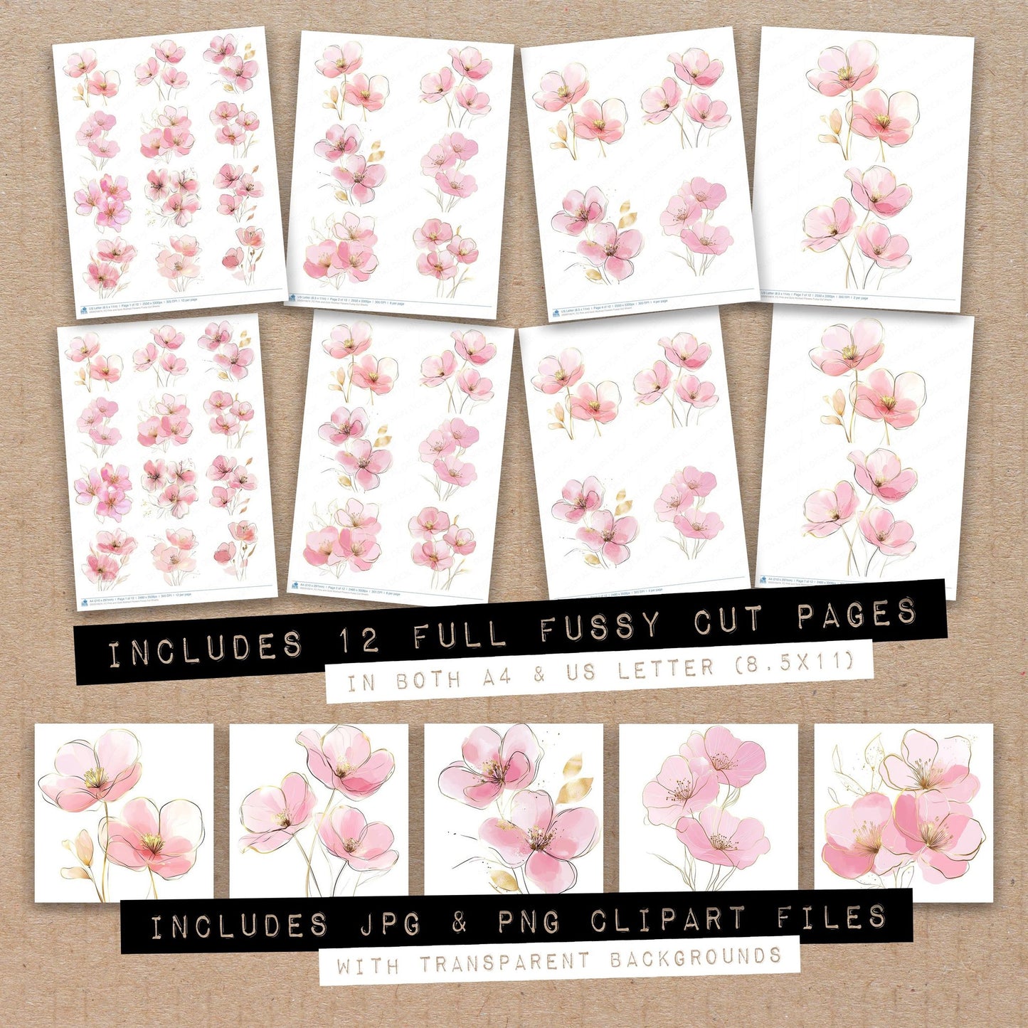 Full collection view of Pink and Gold Abstract Flowers fussy cut sheets with bonus clipart JPG and PNG files