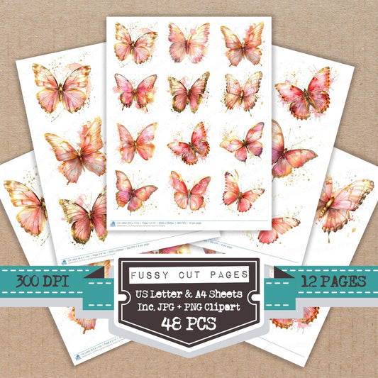 Pink and Gold Butterfly fussy cut printable sheets for junk journaling, scrapbooking, and paper craft projects