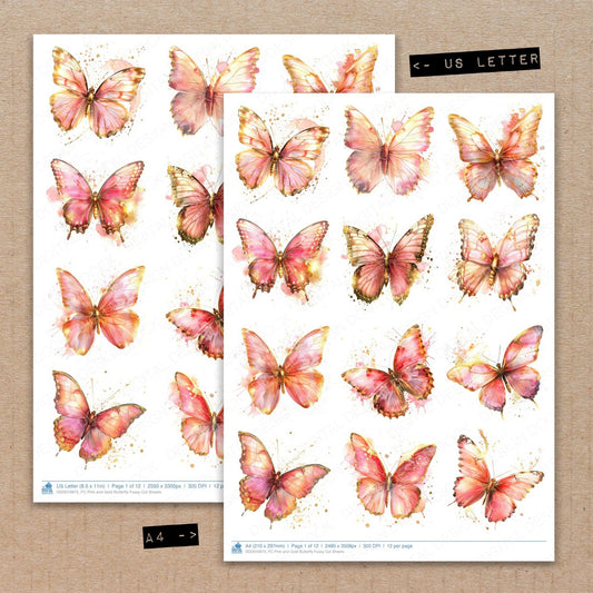 A4 and US Letter format comparison showing Pink and Gold Butterfly fussy cut pages for print and cut crafting