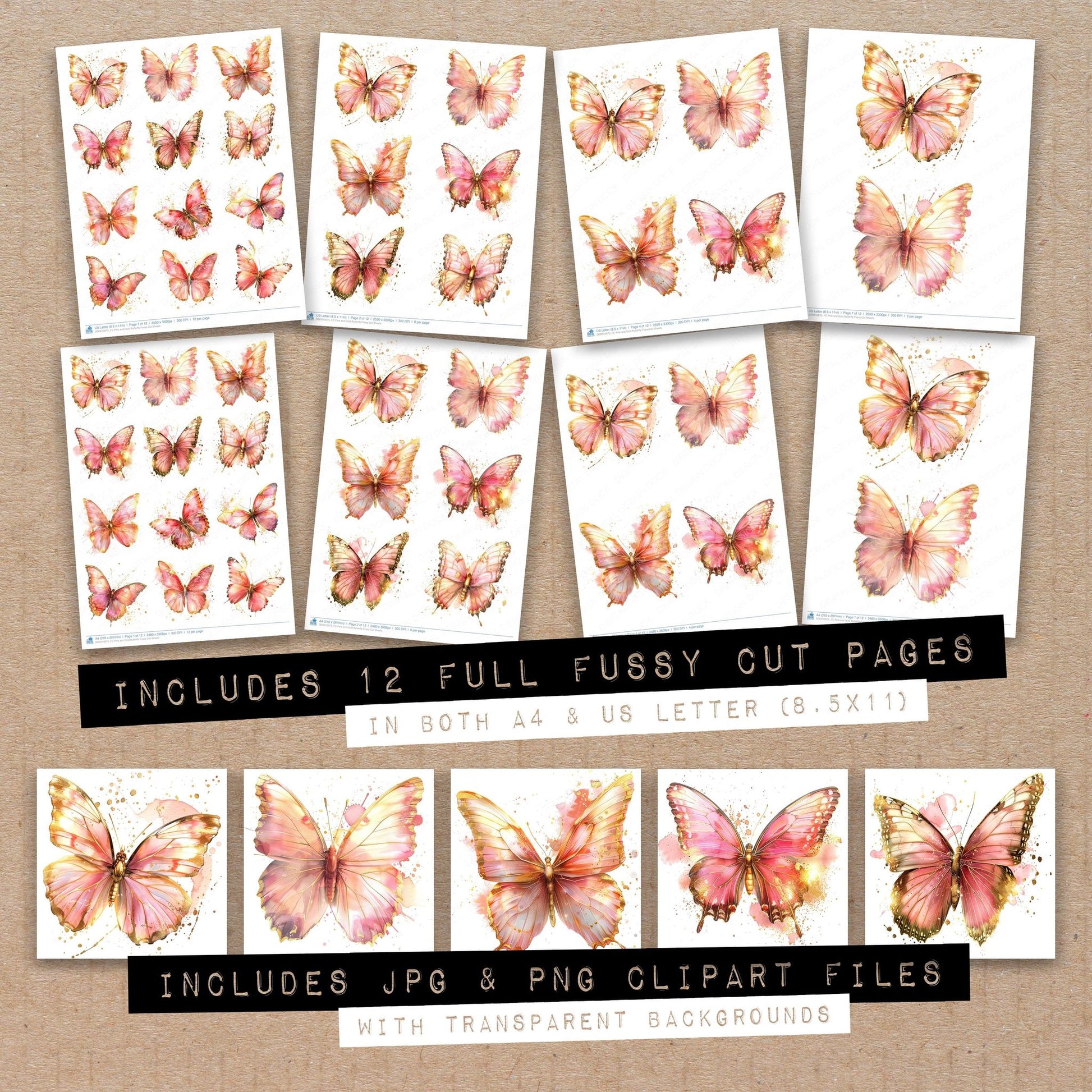 Full collection view of Pink and Gold Butterfly fussy cut sheets with bonus clipart JPG and PNG files
