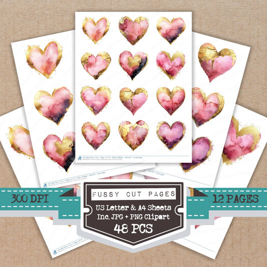 Pink and Gold Watercolour Heart fussy cut printable sheets for junk journaling, scrapbooking, and paper craft projects