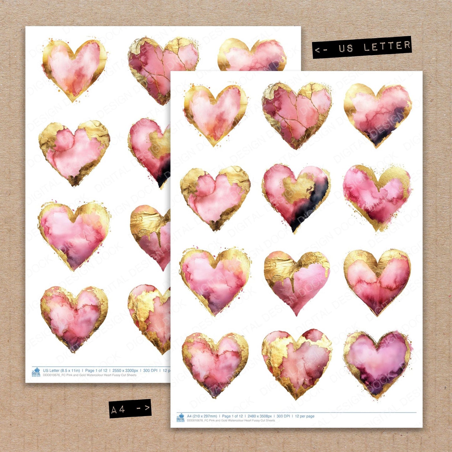 A4 and US Letter format comparison showing Pink and Gold Watercolour Heart fussy cut pages for print and cut crafting