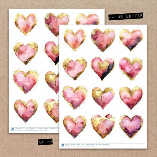 A4 and US Letter format comparison showing Pink and Gold Watercolour Heart fussy cut pages for print and cut crafting