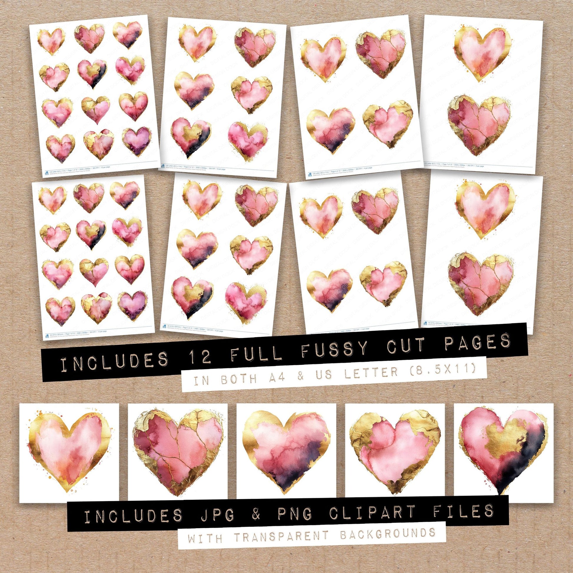 Full collection view of Pink and Gold Watercolour Heart fussy cut sheets with bonus clipart JPG and PNG files