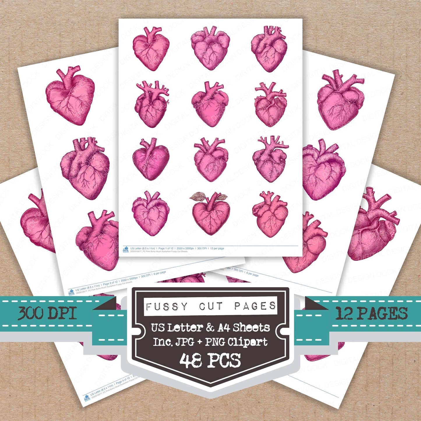 Pink Boho Heart Illustartion fussy cut printable sheets for junk journaling, scrapbooking, and paper craft projects