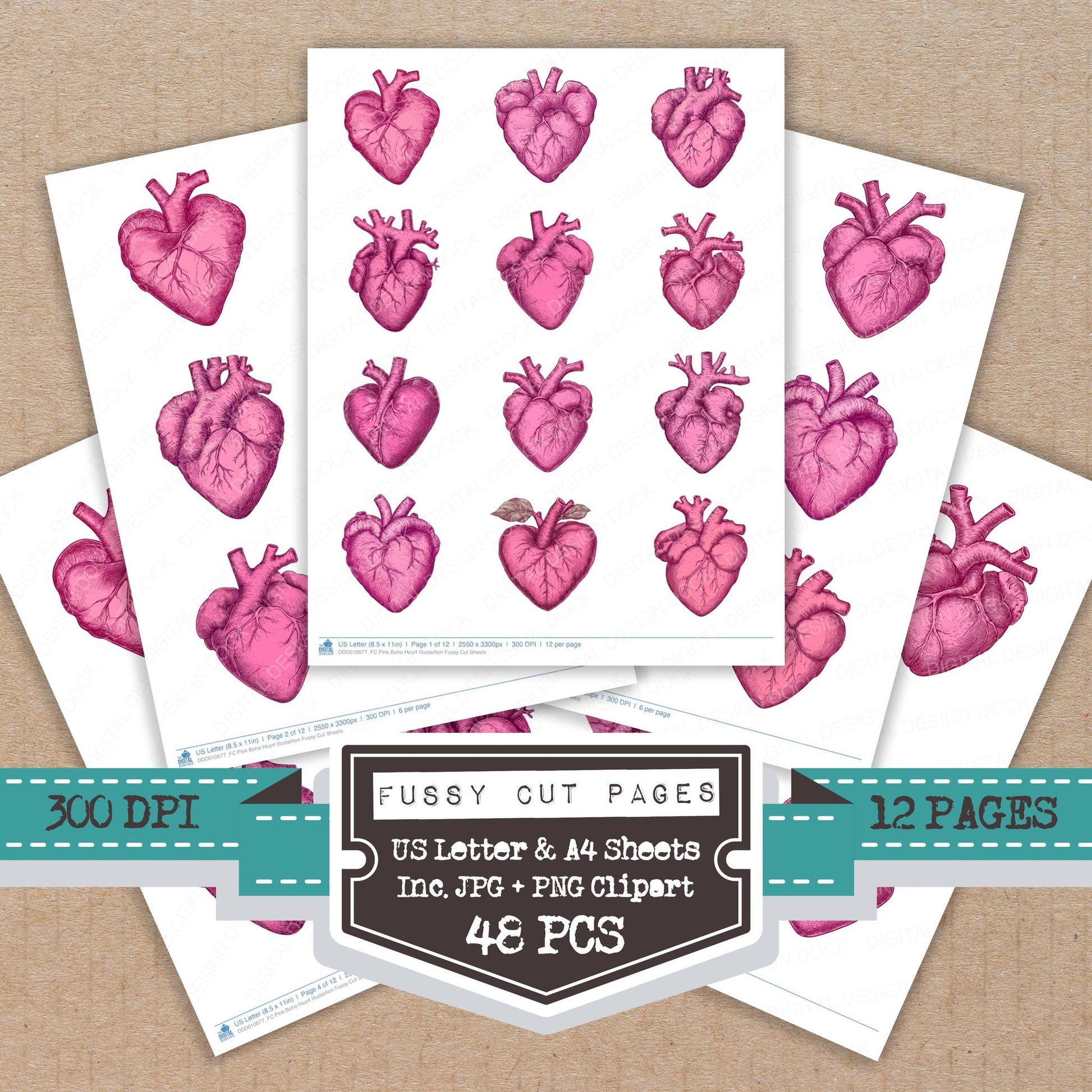 Pink Boho Heart Illustartion fussy cut printable sheets for junk journaling, scrapbooking, and paper craft projects
