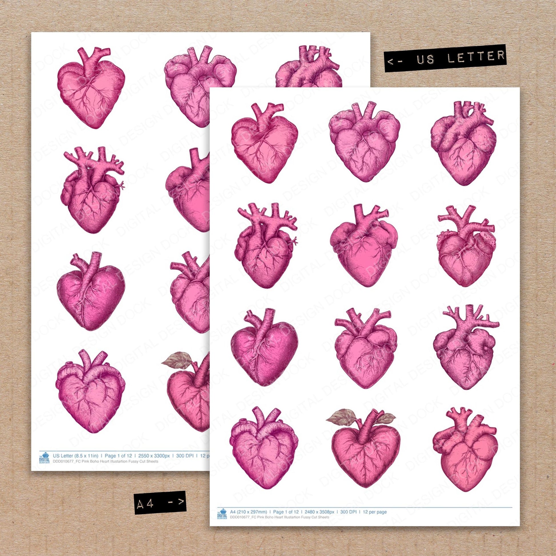 A4 and US Letter format comparison showing Pink Boho Heart Illustartion fussy cut pages for print and cut crafting