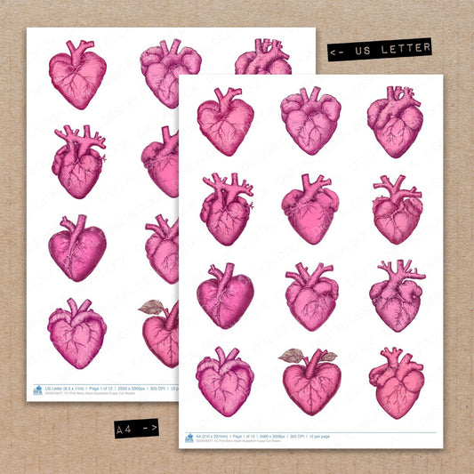 A4 and US Letter format comparison showing Pink Boho Heart Illustartion fussy cut pages for print and cut crafting