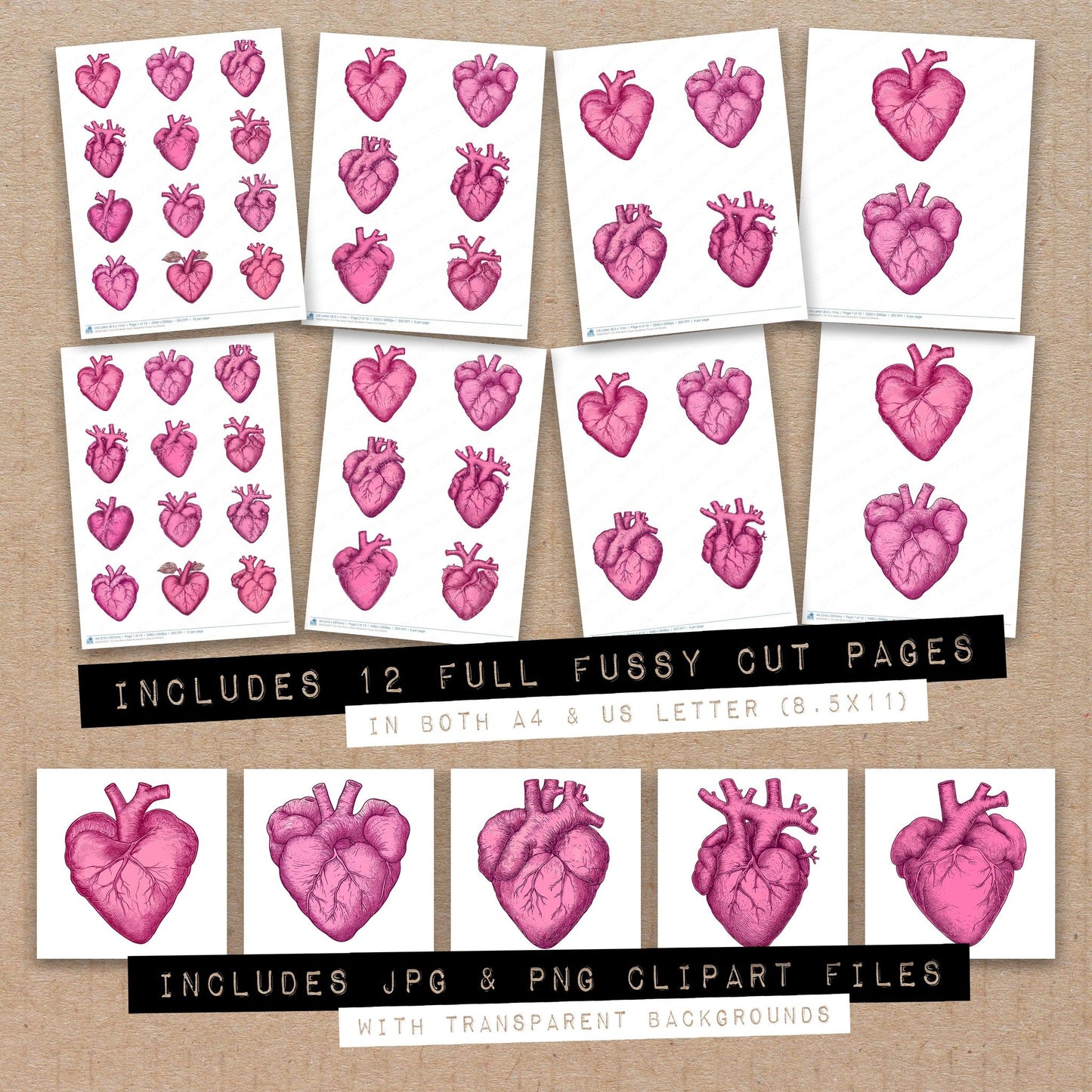Full collection view of Pink Boho Heart Illustartion fussy cut sheets with bonus clipart JPG and PNG files