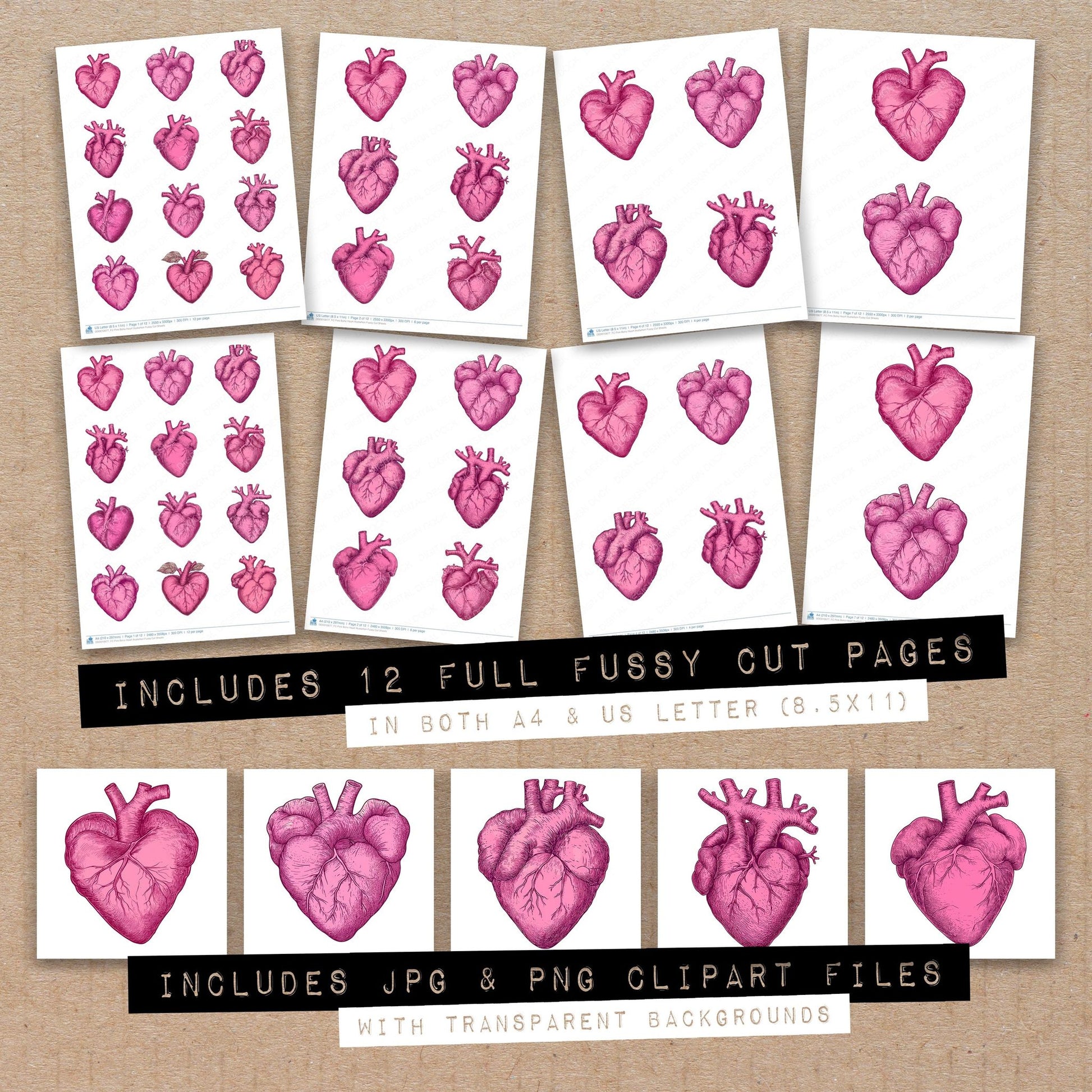 Full collection view of Pink Boho Heart Illustartion fussy cut sheets with bonus clipart JPG and PNG files