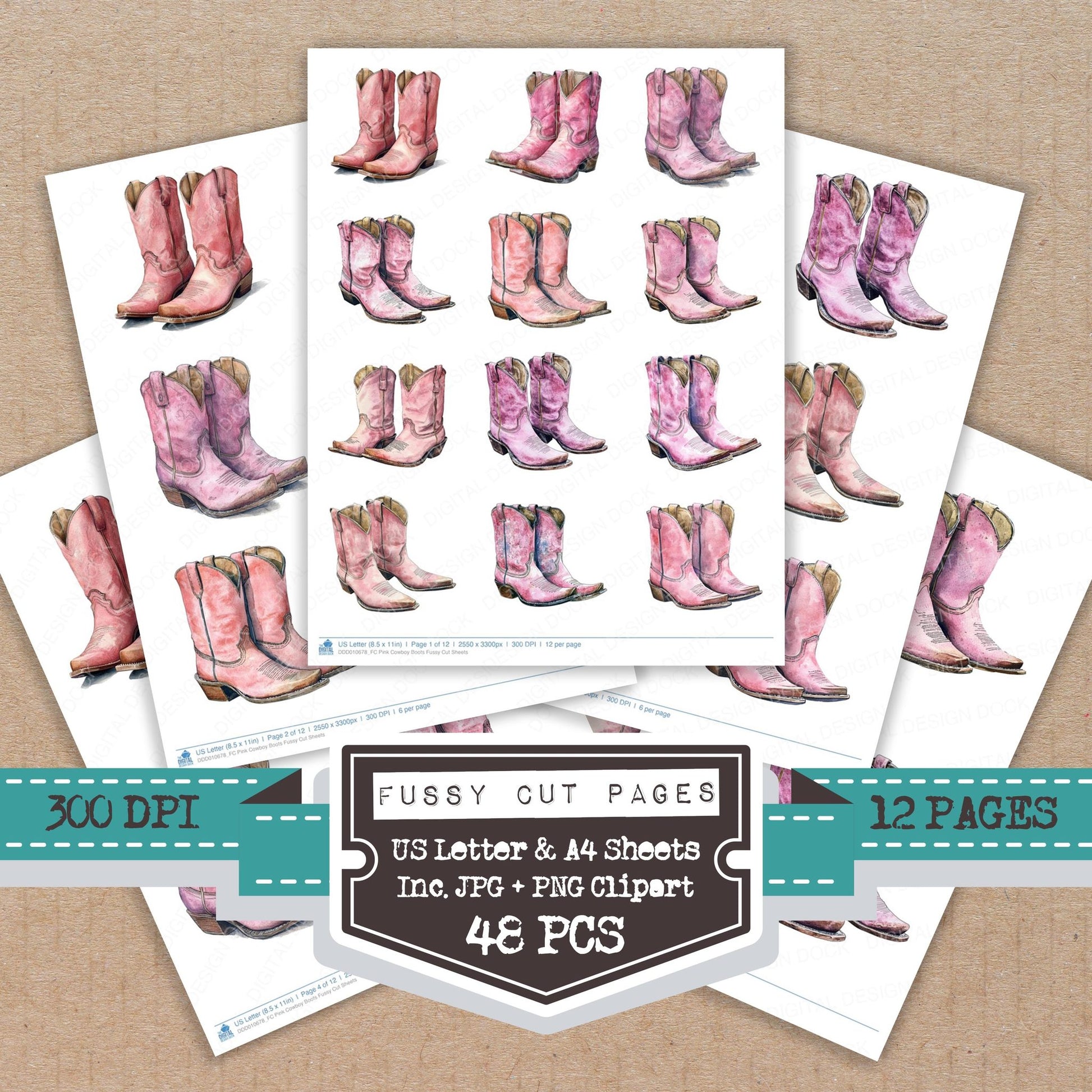Pink Cowboy Boots fussy cut printable sheets for junk journaling, scrapbooking, and paper craft projects